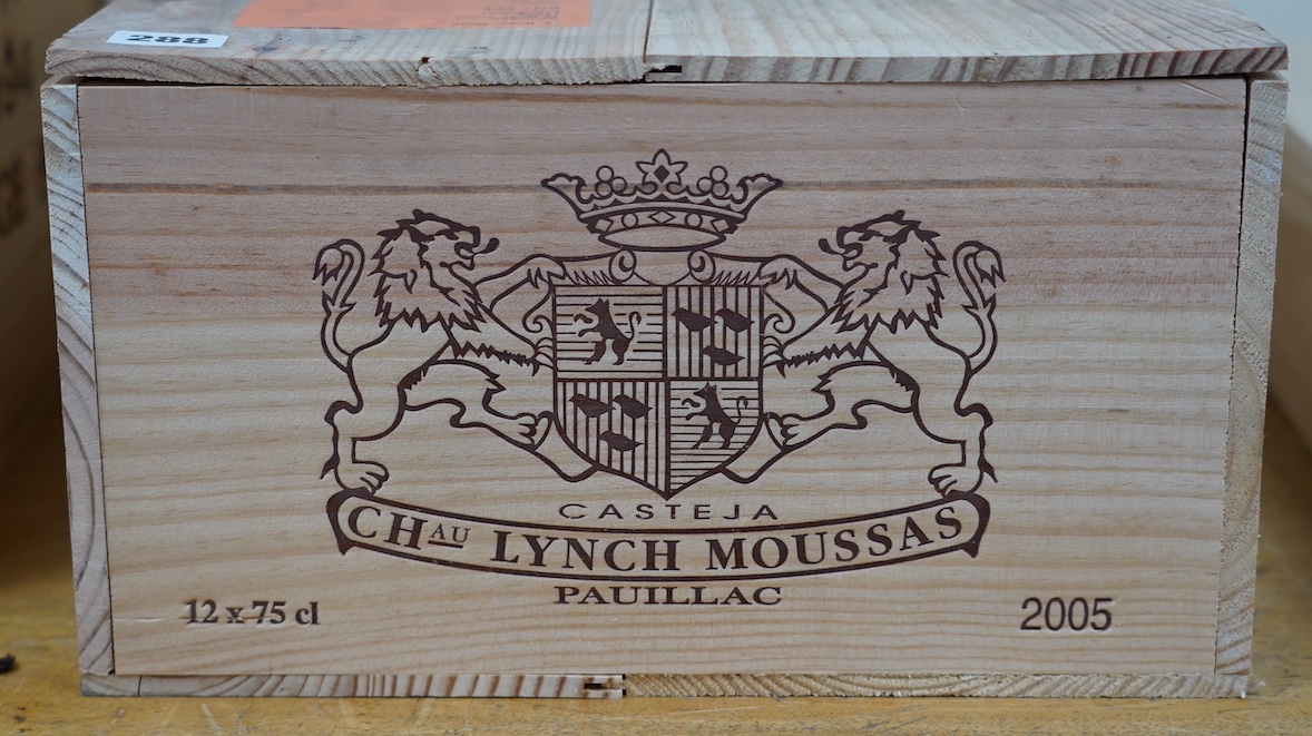 A sealed case of twelve bottles of 2005 Chateau Lynch Moussas, Pauillac, in OWC, purchased en primeur from The Wine Society. Condition - good